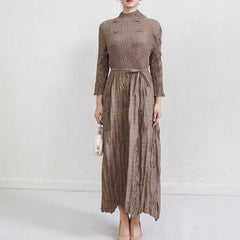 2025 Fall Winter Pleated Plus-Size Maxi Dress – Lace-Up Waist, Irregular Hem, Elegant Casual Style