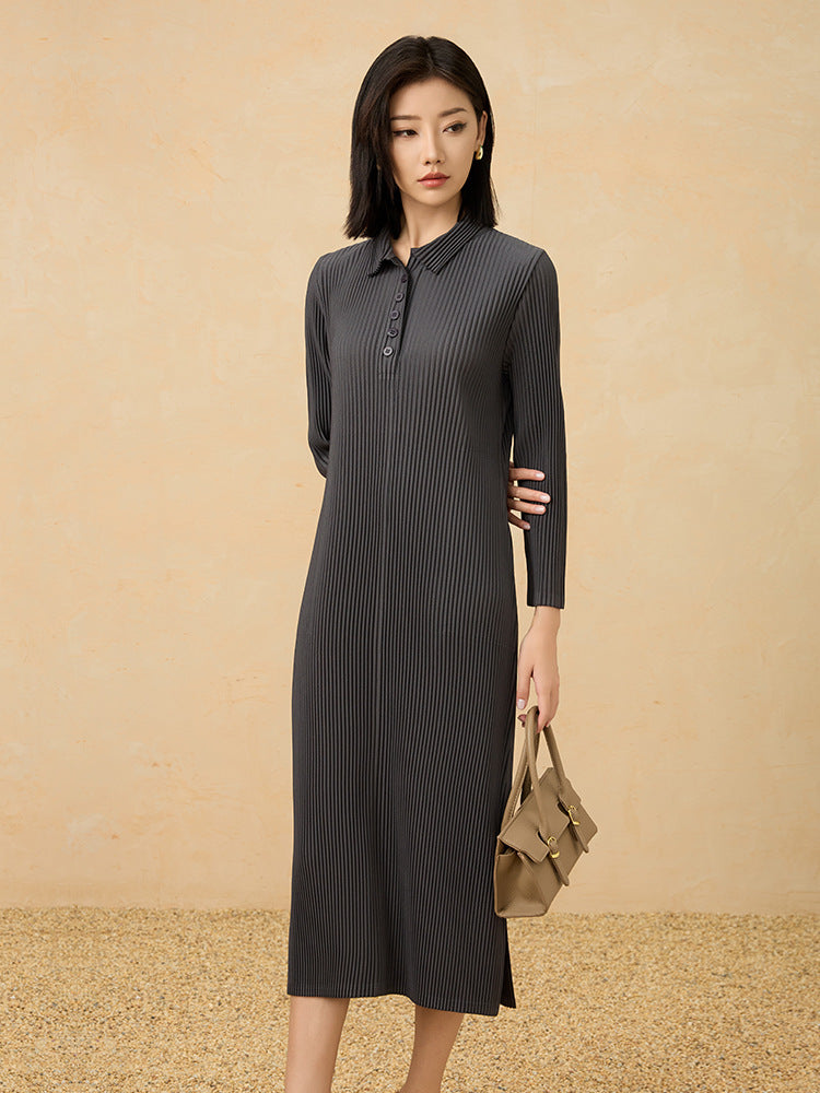 2025 Fall Pleated Midi Dress – Long Sleeve Polo Neck, Elegant Drape, Everyday Chic