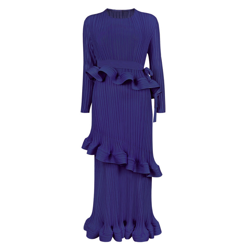 Pleated Ruffled Lace-Up Midi Dress – Slim Long Sleeve Women’s Style