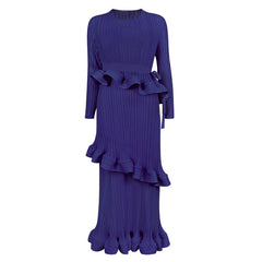 Pleated Ruffled Lace-Up Midi Dress – Slim Long Sleeve Women’s Style
