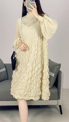 2025 Fall Winter Pleated Beaded Dress – Long Sleeve, Slimming Elegant Maxi Style for Women