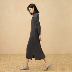 2025 Fall Pleated Midi Dress – Long Sleeve Polo Neck, Elegant Drape, Everyday Chic