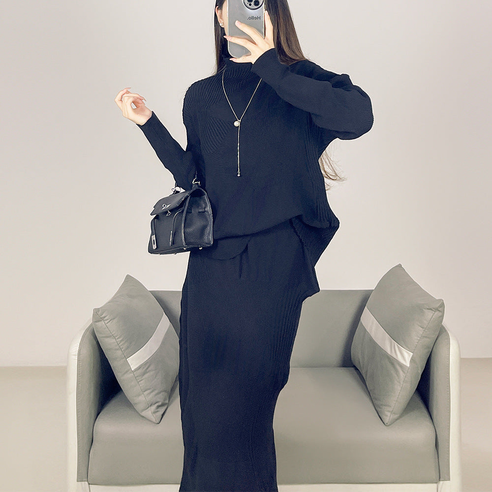 2025 Fall Winter Pleated Sweater Two-Piece Set – Semi-Turtleneck Top & Casual Skirt, Loose Fit Style for Women