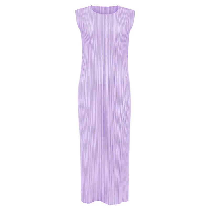 Japanese Style Sleeveless Pleated Dress – Round Neck Elegant Midi