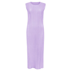Japanese Style Sleeveless Pleated Dress – Round Neck Elegant Midi