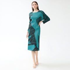 Pleated Gentle Print A-Line Dress – Slim Long Sleeve Elegant Style