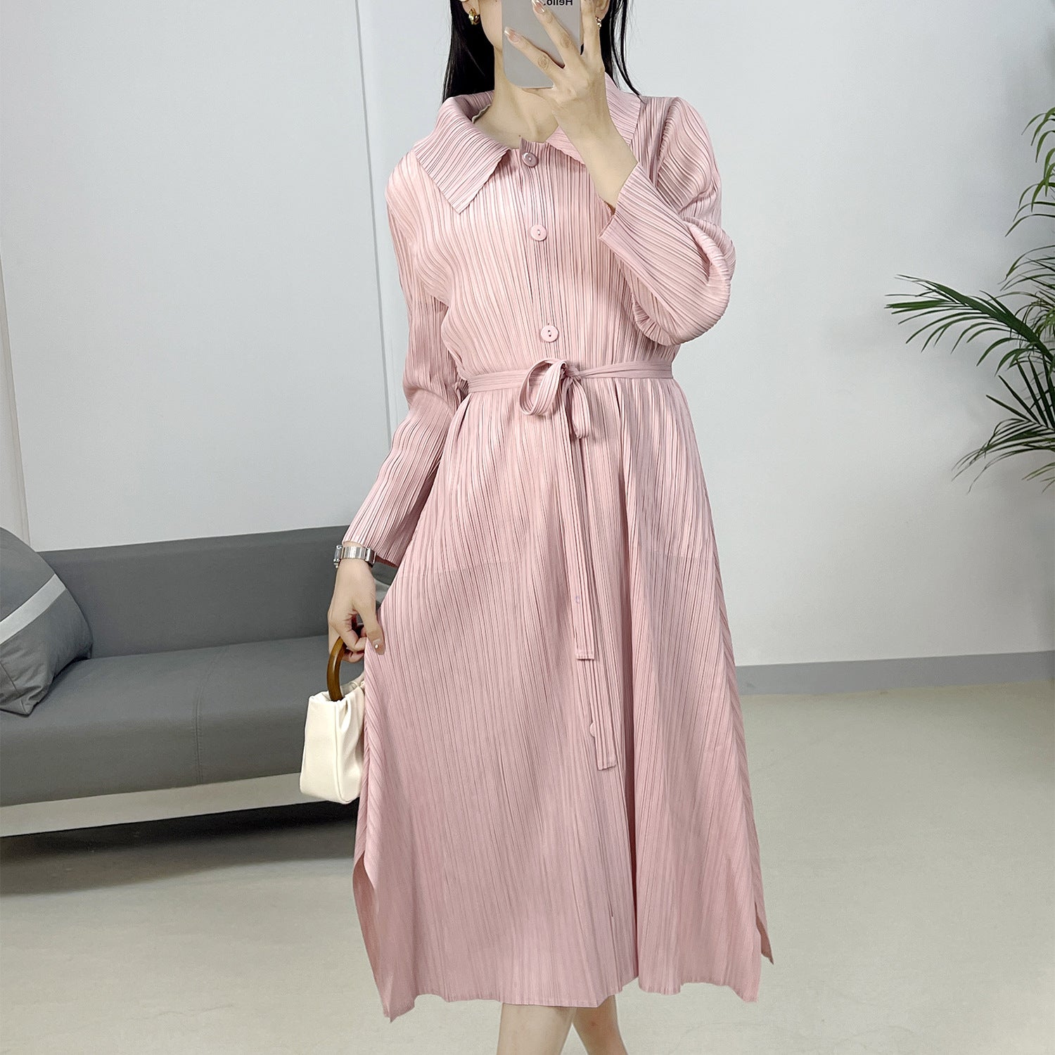 2025 Fall Winter Pleated Tie-Waist Dress – Stretchy Loose Fit, Elegant & Versatile Style for Women