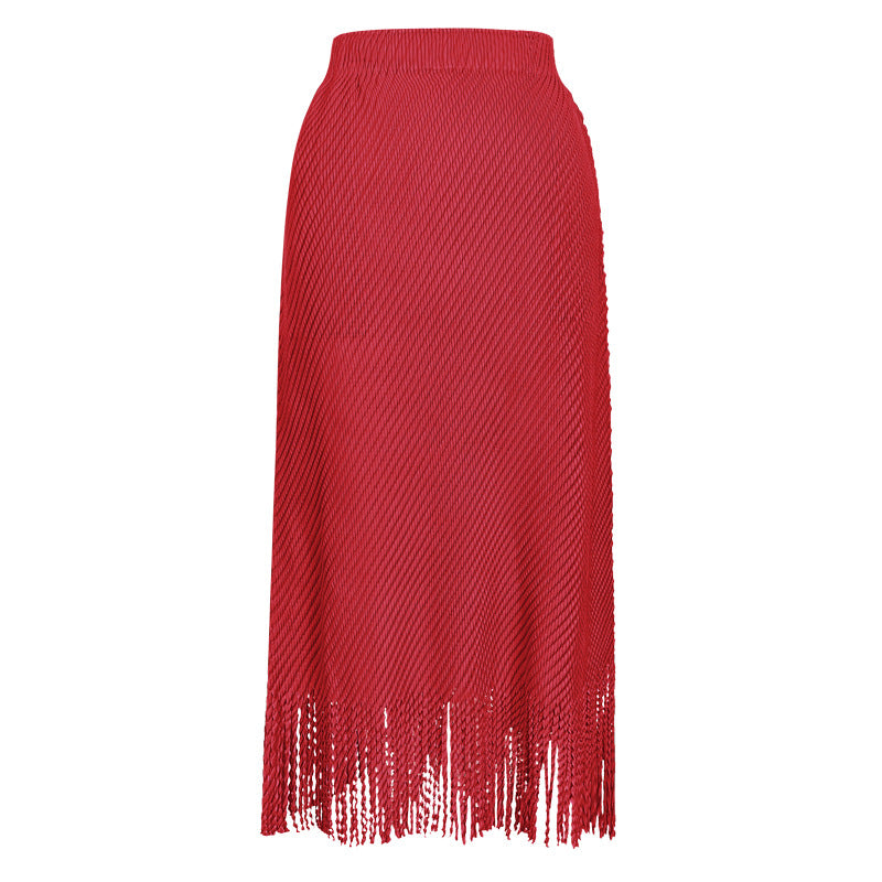 Pleated Fish Scale Fringe Skirt – High Waist A-Line Mid-Length Style