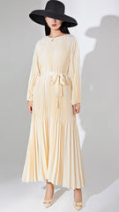 Pleats Please Solid Color Maxi Dress – Lace-Up Waist Elegant Pleated Long Dress
