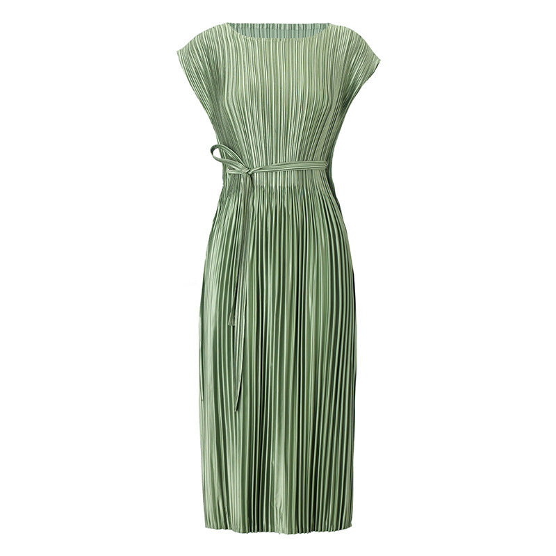 2025 Spring Summer Luxury Maxi Dress – Sleeveless Crew Neck, Lace-Up Waist, Elegant Loose Fit