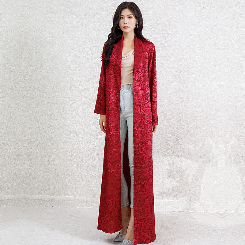 Pleats Please Embroidered Long Jacket – Lace-Up Robe Cardigan, Plus-Size Friendly