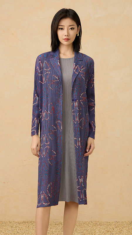 Women’s Autumn Pleated Trench Coat – French Print Lapel Jacket