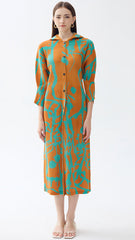 Pleated Printed Hooded Cloak Dress – Long Sleeve Single-Breasted Style