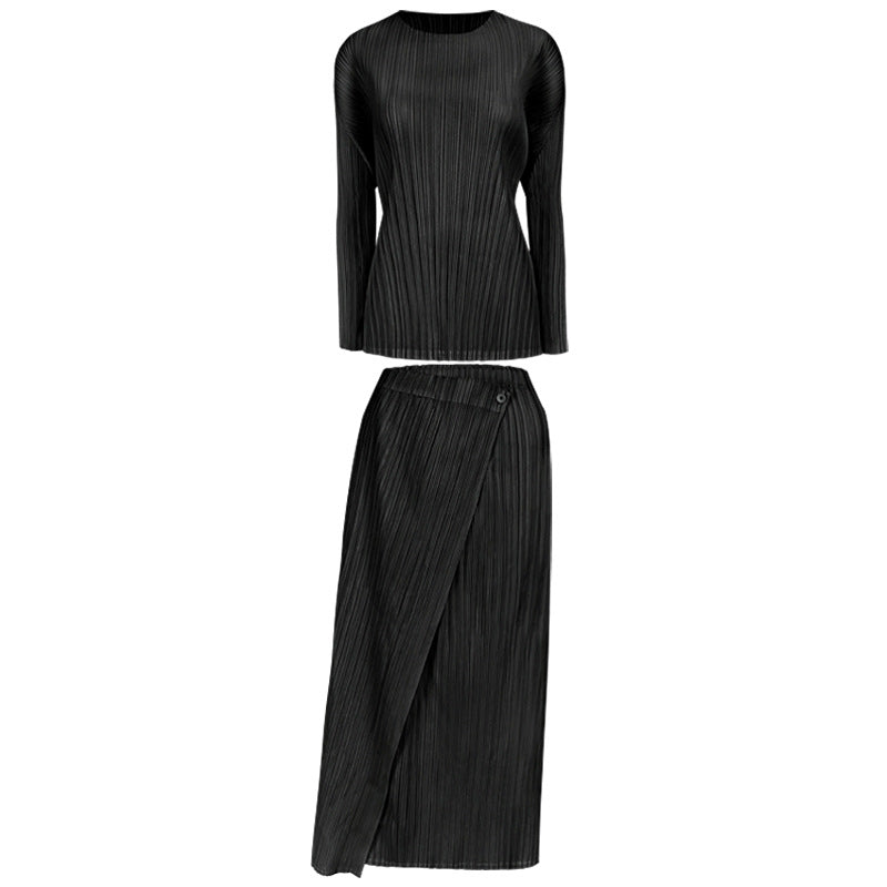 Pleated Skirt Suit – Korean Style Long Sleeve Top and Skirt Set