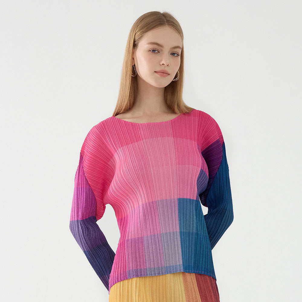 Pleated Check Print Top – Long Sleeve Crew Neck Women’s Style