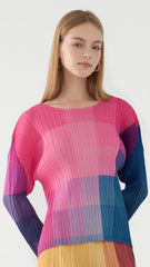 Pleated Check Print Top – Long Sleeve Crew Neck Women’s Style