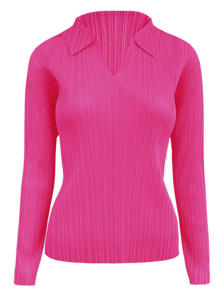 Pleated Polo Collar Top – Slim Fit Long Sleeve Casual Tee