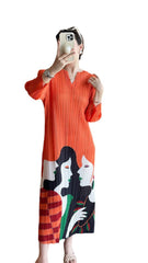 2025 Fall Winter Pleated V-Neck Printed Maxi Dress – Elegant Slim Fit French Style