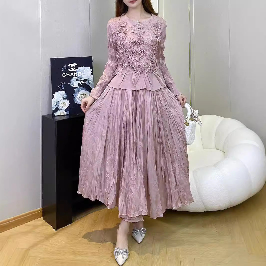 Pleated Handmade Floral Skirt Set – Elegant Two-Piece Outfit for Women