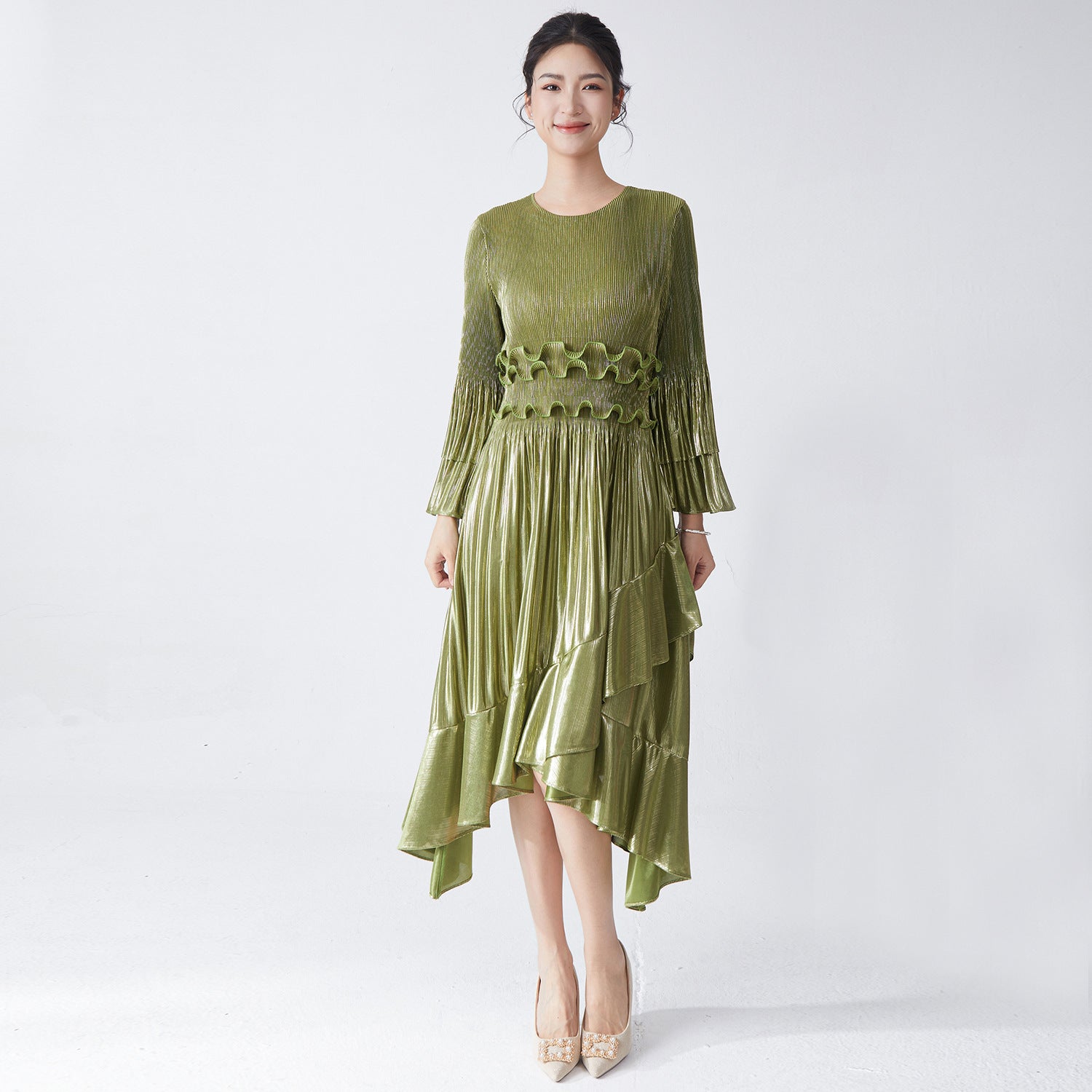 Pleats Please Flared Sleeve A-Line Dress – Irregular Hem Pleated Autumn Winter Style
