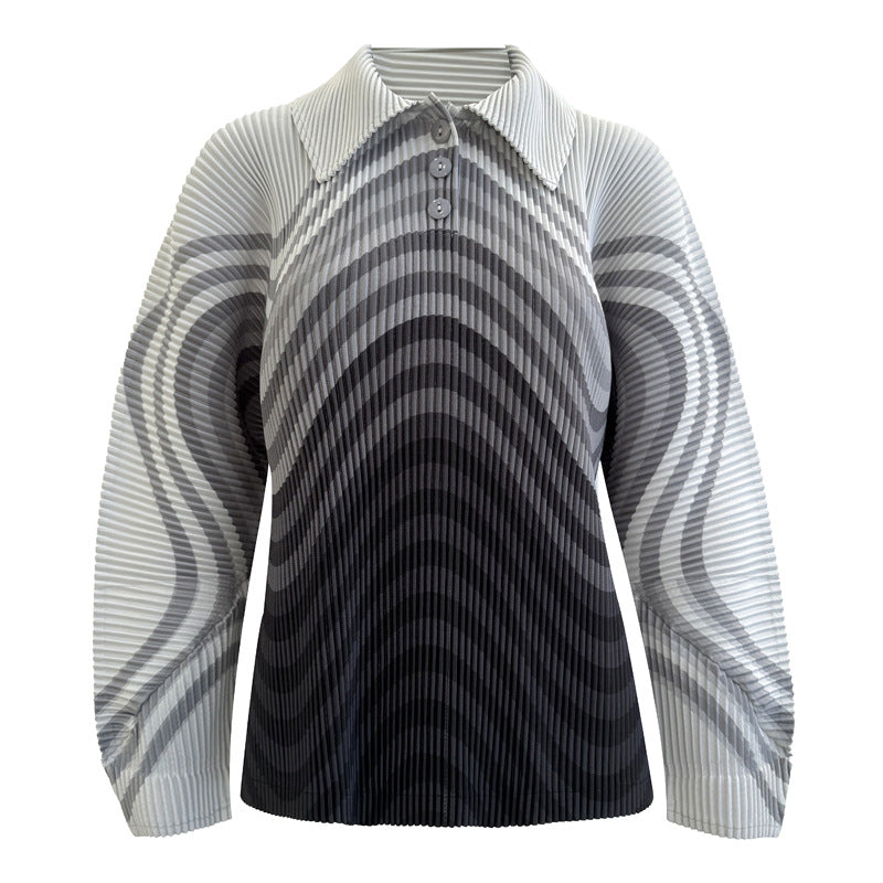 Women’s Fall Pleated Striped Long-Sleeve Top – Loose Slim Fit T-Shirt