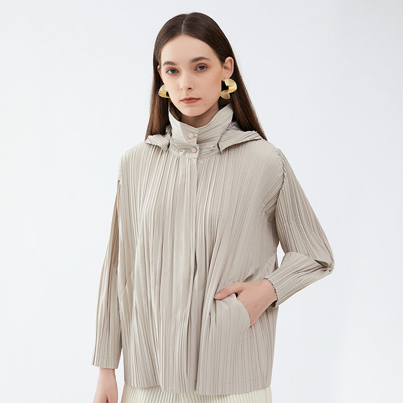 Pleats Please Short Trench Coat – Solid Color Pleated Jacket with Detachable Hood
