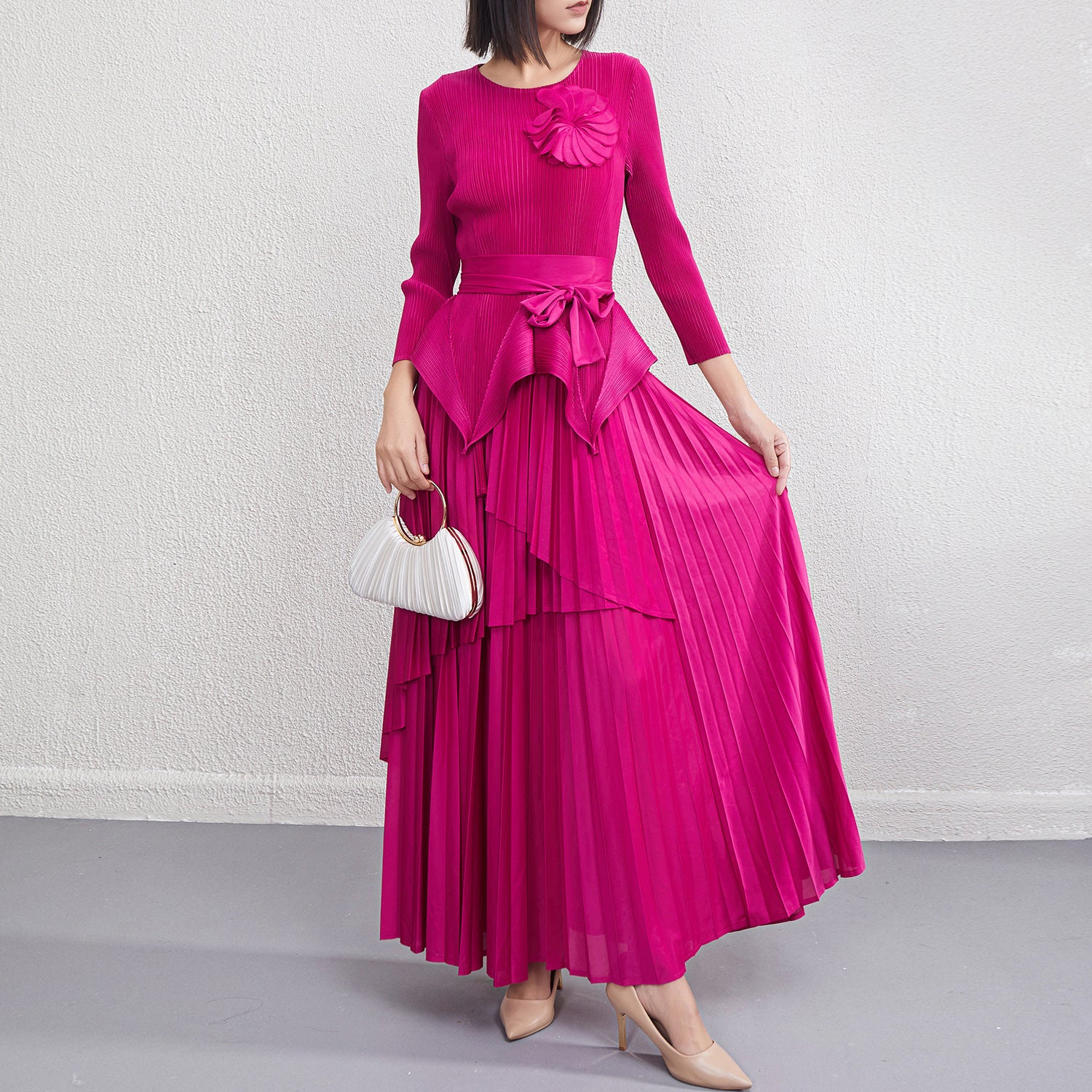 Pleats Please Two-Piece Set – Lace-Up Pleated Top & Irregular Swing Skirt