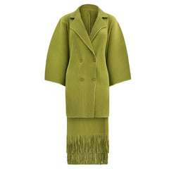 Pleated Two-Piece Set – Suit Collar Jacket and Fringe Skirt
