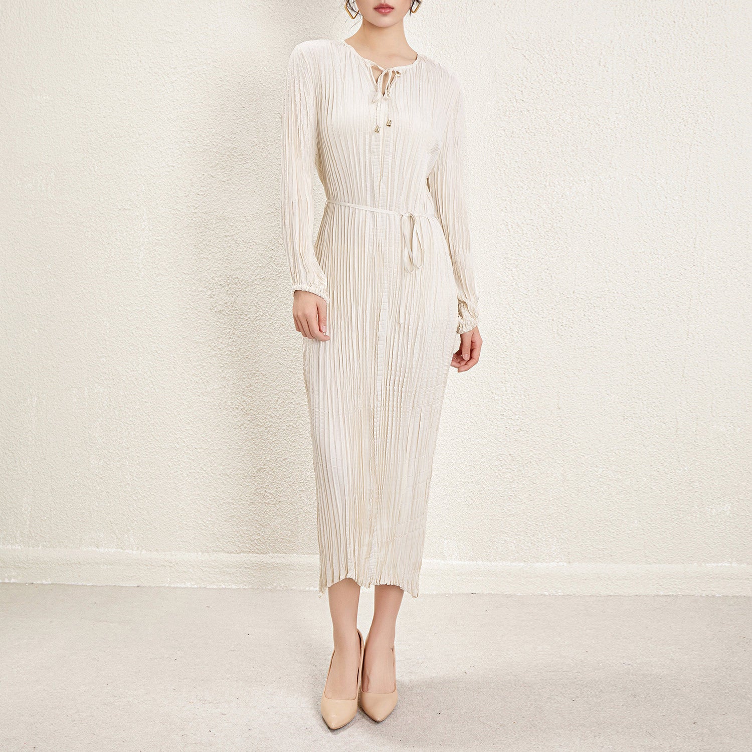 Pleats Please Irregular Pleated Dress – Long-Sleeve Cinched-Waist Elegant Style