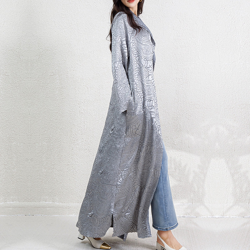 Pleats Please Embroidered Long Jacket – Lace-Up Robe Cardigan, Plus-Size Friendly