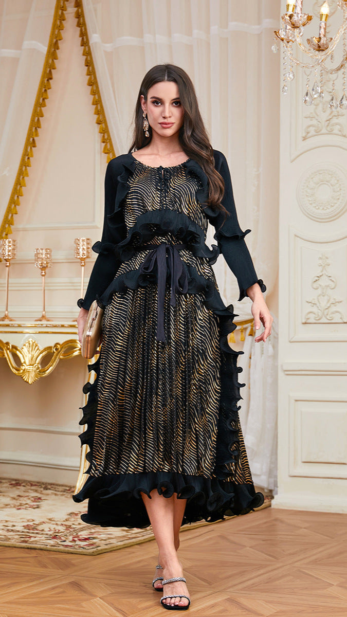 2025 cross-border new Arab heavy industry pleated fungus edge lace-up bronzing dress pleated temperament dress for women