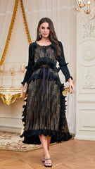 2025 cross-border new Arab heavy industry pleated fungus edge lace-up bronzing dress pleated temperament dress for women