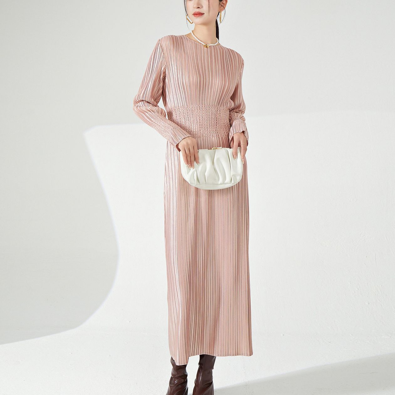 Pleats Please Long-Sleeve Bronzing Dress – Elegant Pleated Autumn Maxi