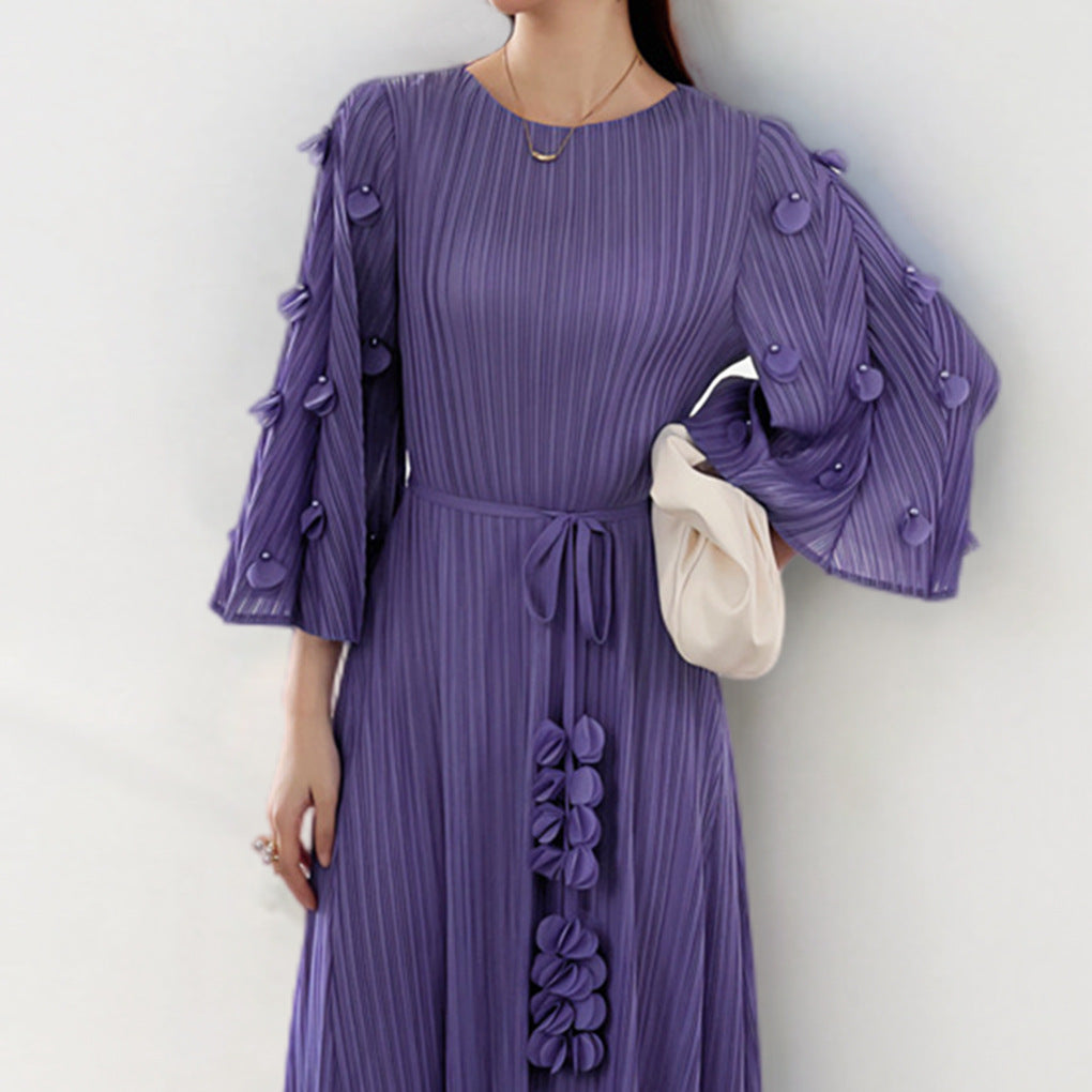 Pleats Please Lace-Up Mid-Length Dress – Plus-Size Friendly Pleated Slimming Style