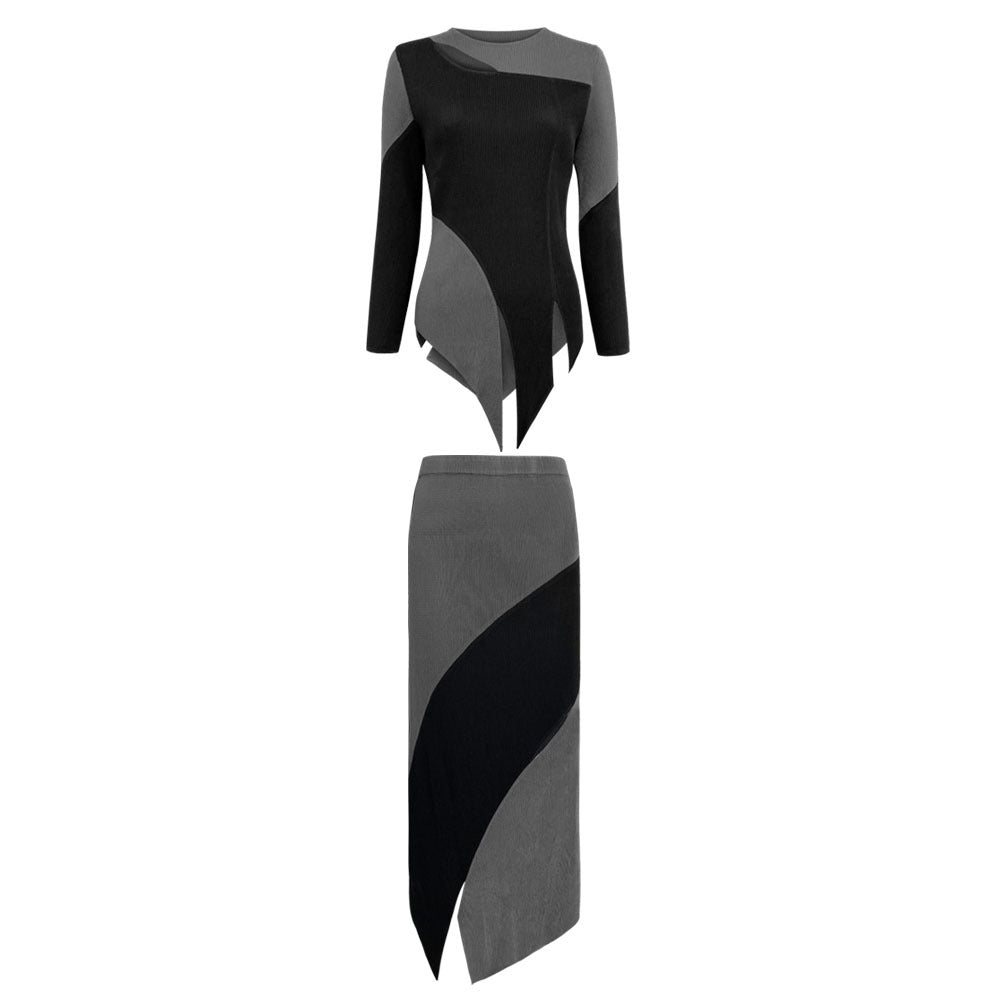 Personalized contrasting pleated suit women's spring new high-end long-sleeved slim top irregular skirt