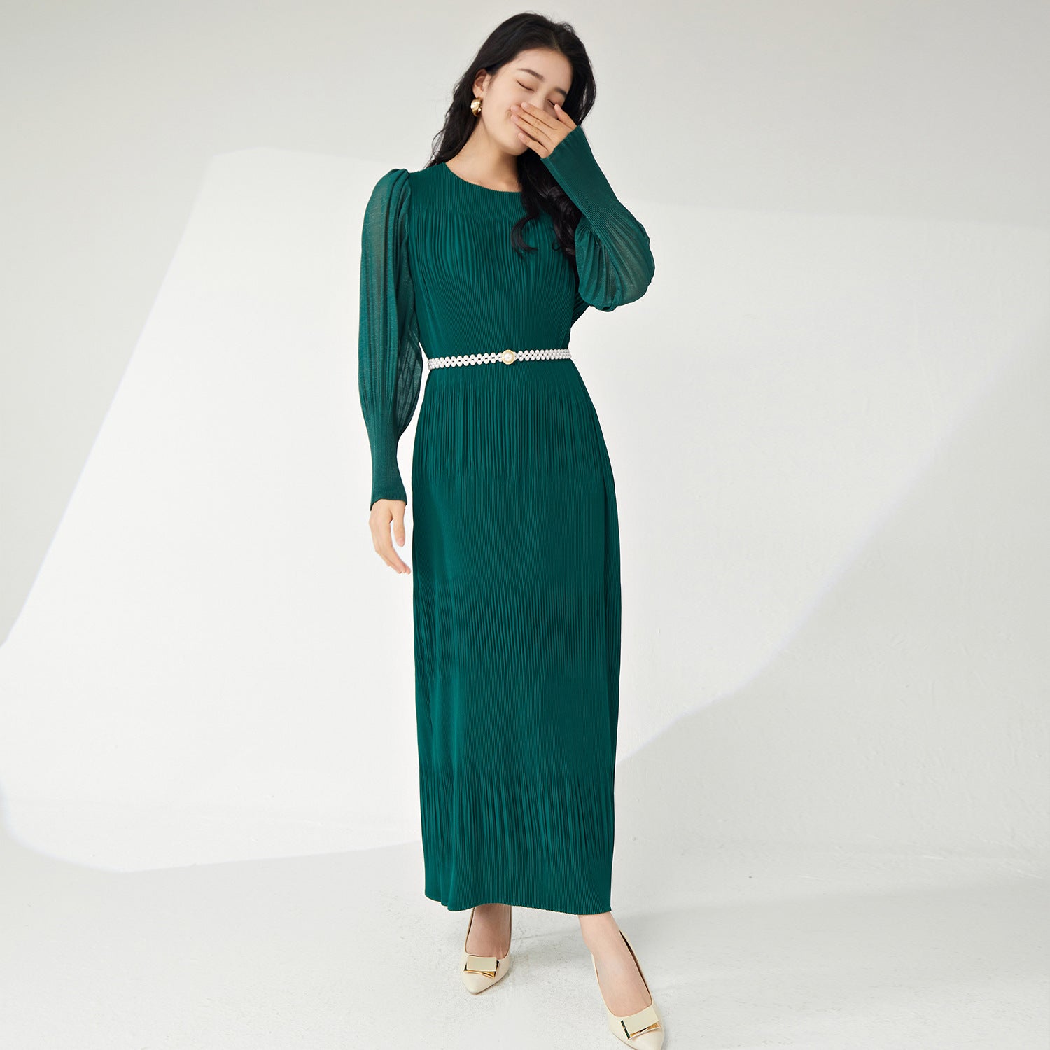 Pleats Please Lantern Sleeve Maxi Dress – Plus-Size Friendly Elegant Pleated Long Dress