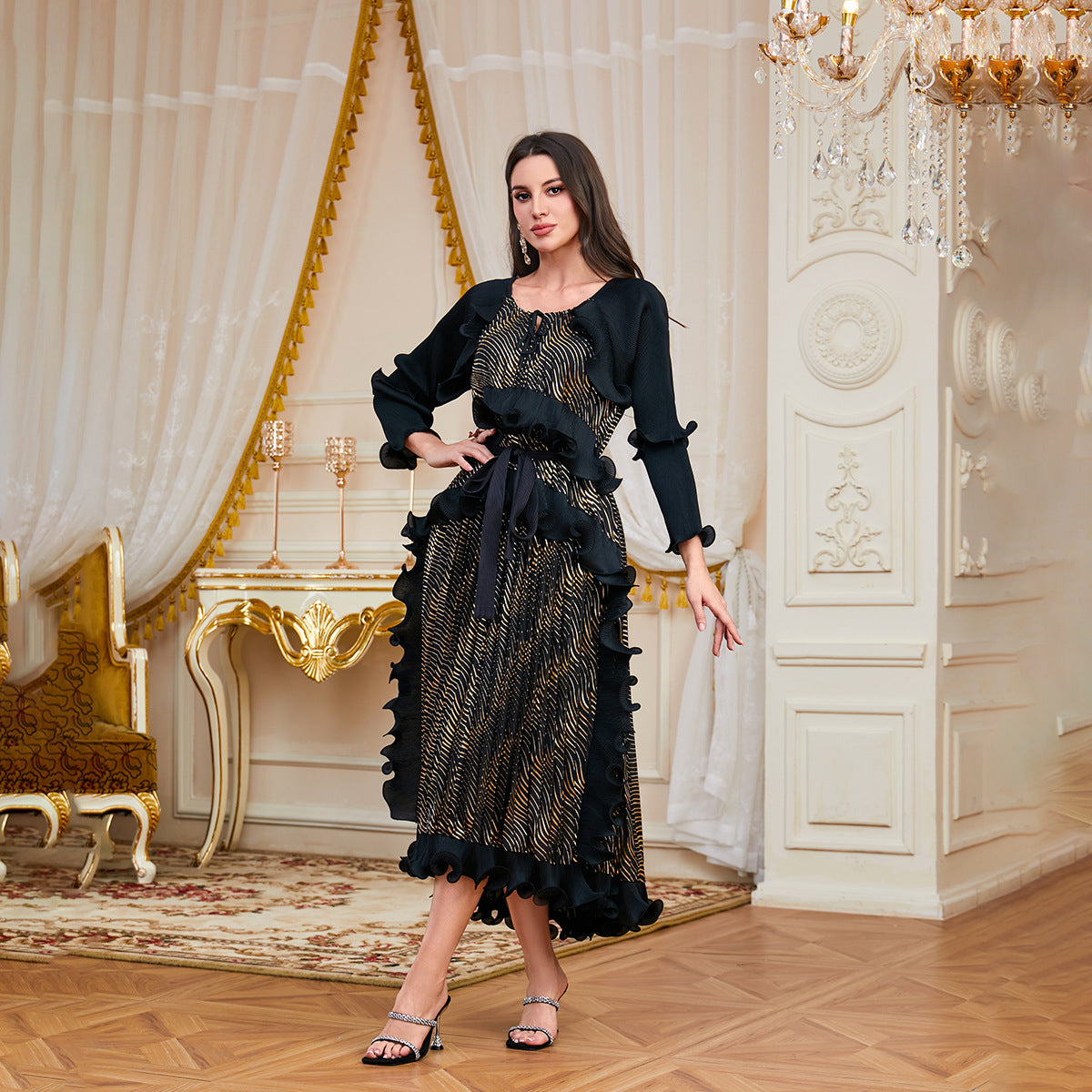 2025 cross-border new Arab heavy industry pleated fungus edge lace-up bronzing dress pleated temperament dress for women