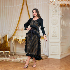 2025 cross-border new Arab heavy industry pleated fungus edge lace-up bronzing dress pleated temperament dress for women