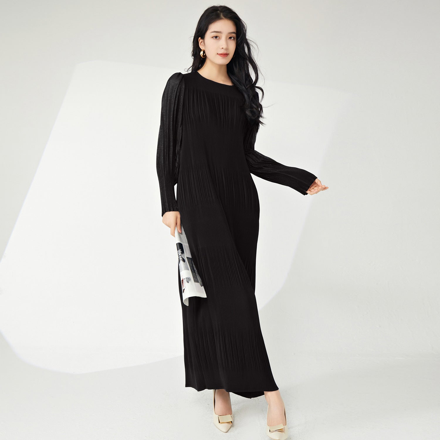 Pleats Please Lantern Sleeve Maxi Dress – Plus-Size Friendly Elegant Pleated Long Dress