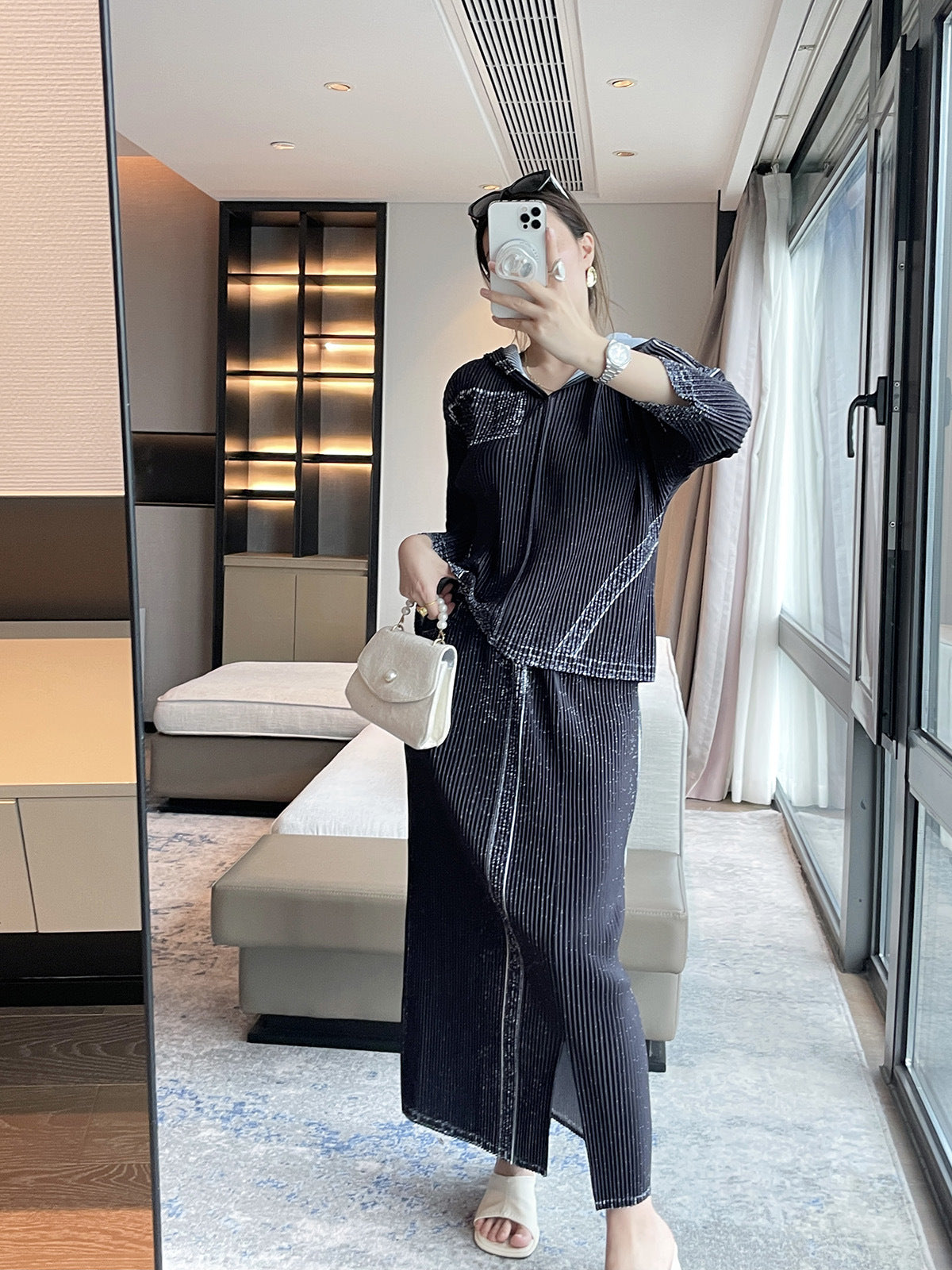 2025 Fall Winter Pleated Denim Two-Piece Set – Hooded Top & Slit Skirt, Casual Chic Style