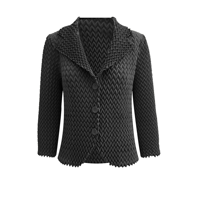 High-End Solid Color Wavy Pleated Blazer – Women’s Autumn Casual Short Coat