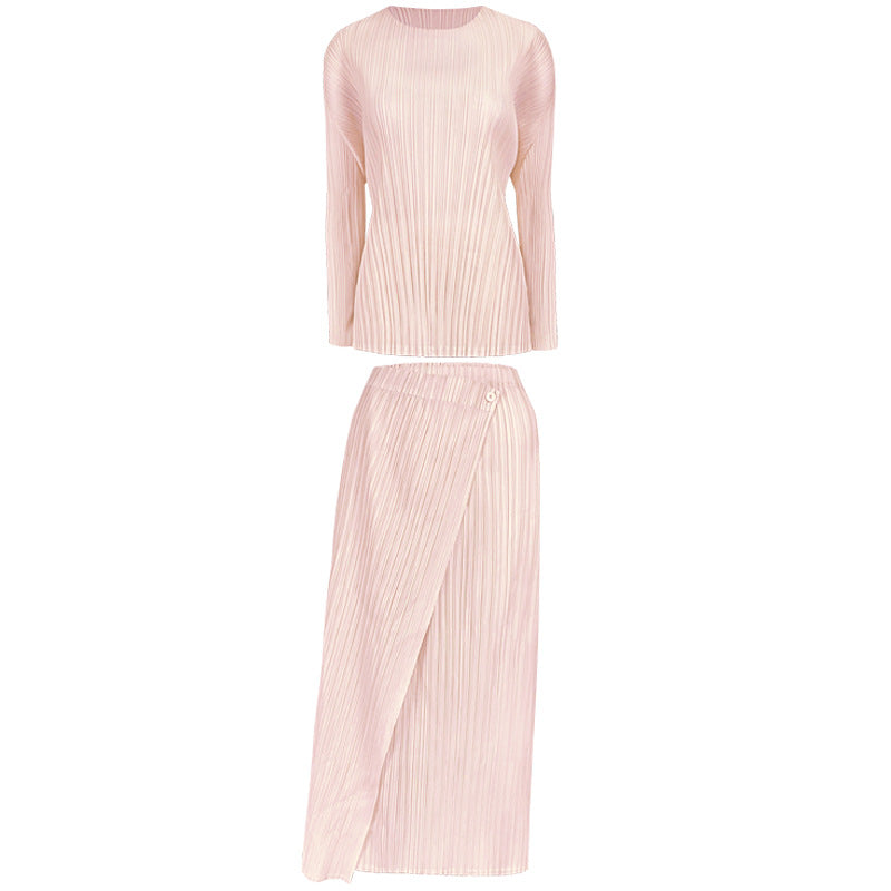 Pleated Skirt Suit – Korean Style Long Sleeve Top and Skirt Set