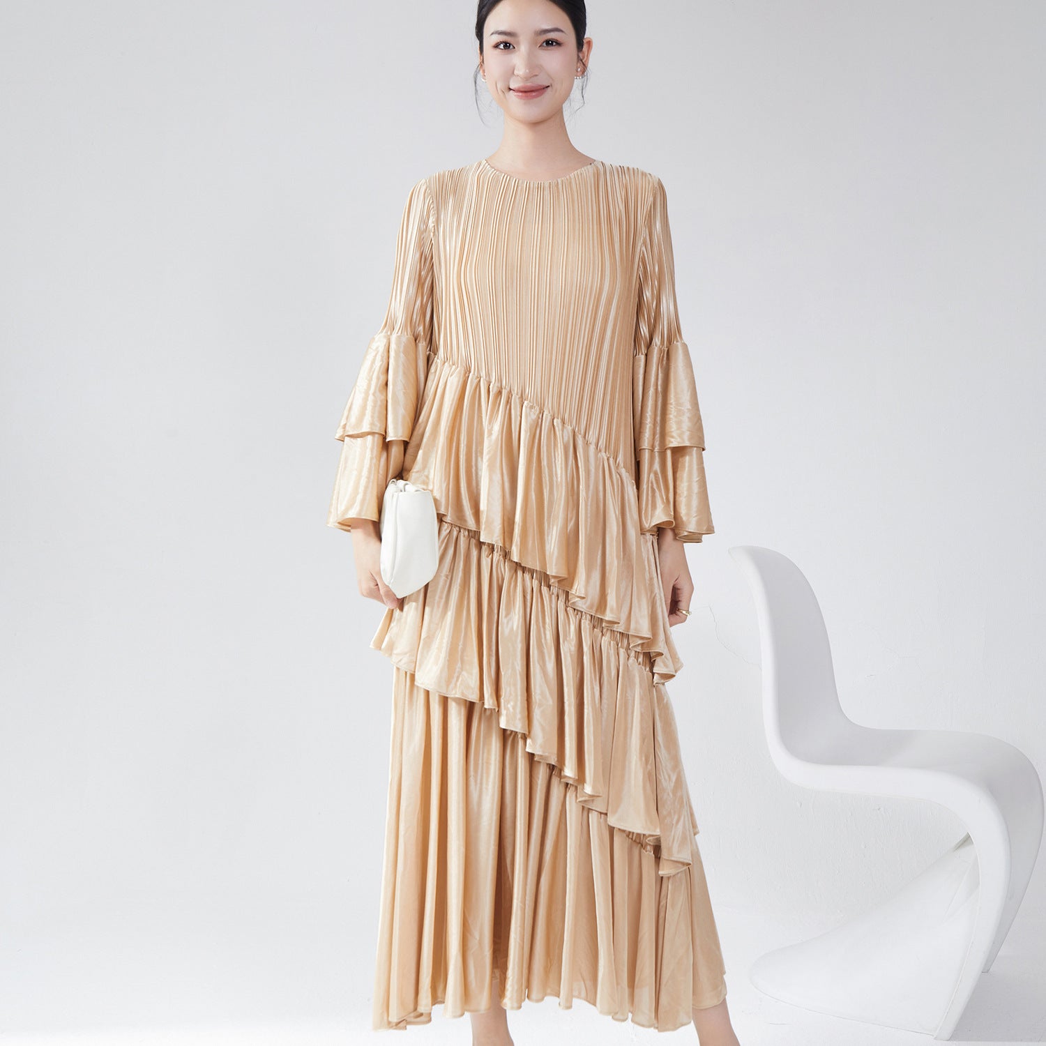 Pleats Please Flared Sleeve Cake Dress – Elegant Layered Pleated Midi for Spring & Summer