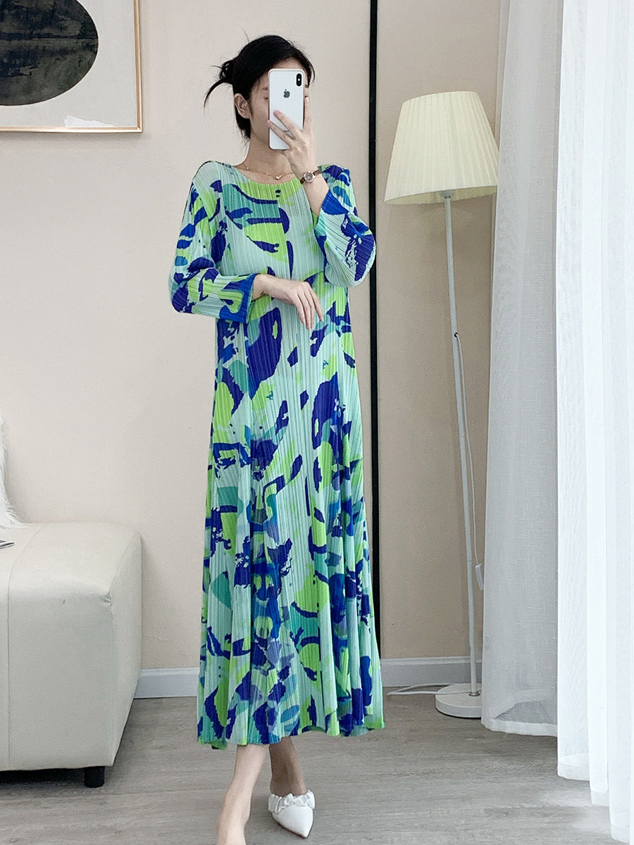 2025 Fall Winter Pleated Printed Dress – Slim Fit, Elegant High-End Style for Women