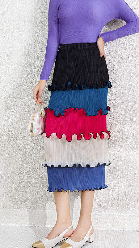 Pleats Please Colorful Striped Maxi Dress – Layered Pleated Long Style