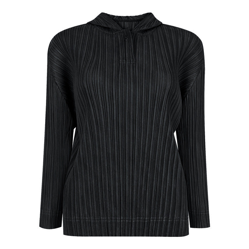 Pleated Long Sleeve Hooded Top – Casual Lightweight Women’s T-Shirt