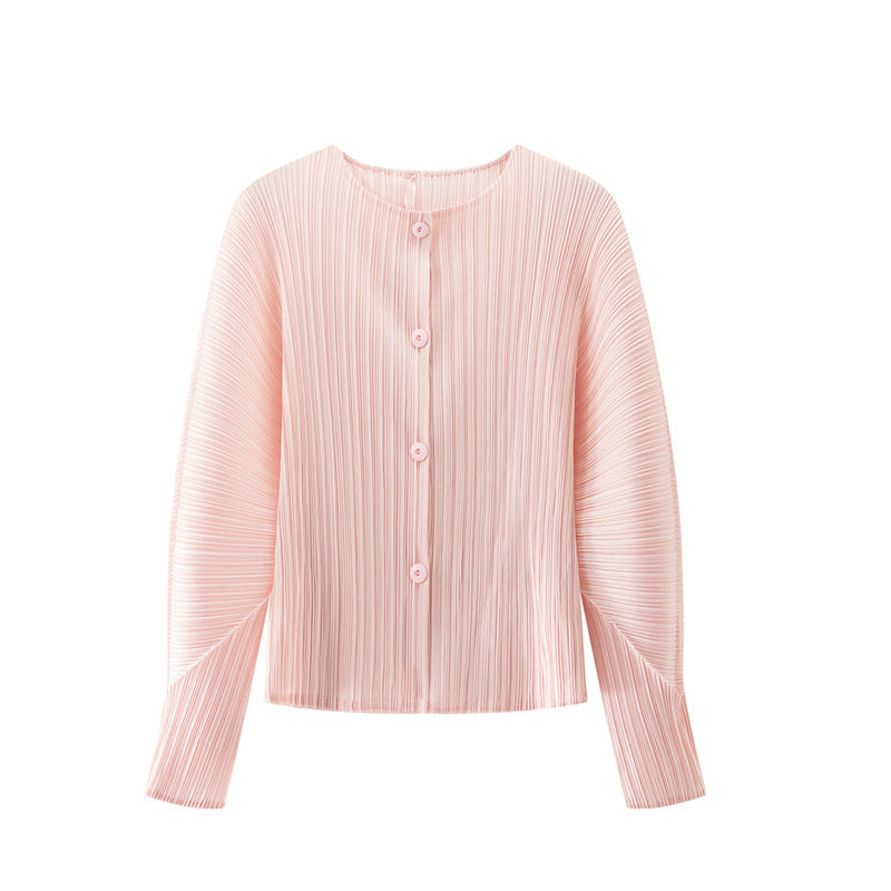 Women’s Spring Pleated Cardigan – Solid Color Round Neck Short Jacket