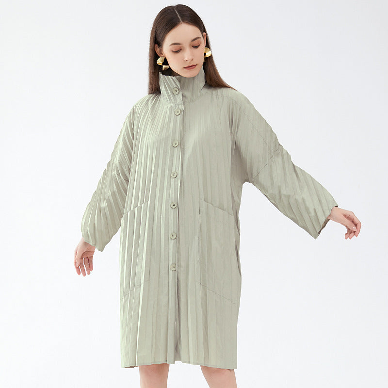 Pleats Please Solid Color Windbreaker – Pleated Midi-Length Trench Coat