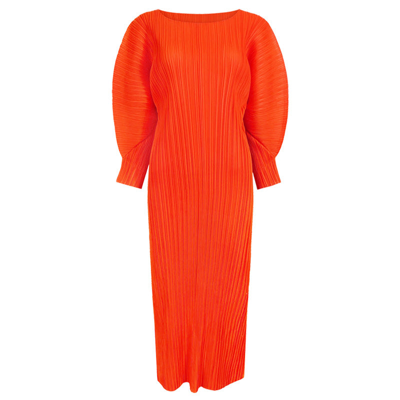 Pleated Casual A-Line Midi Dress – Slim Long Sleeve Women’s Style