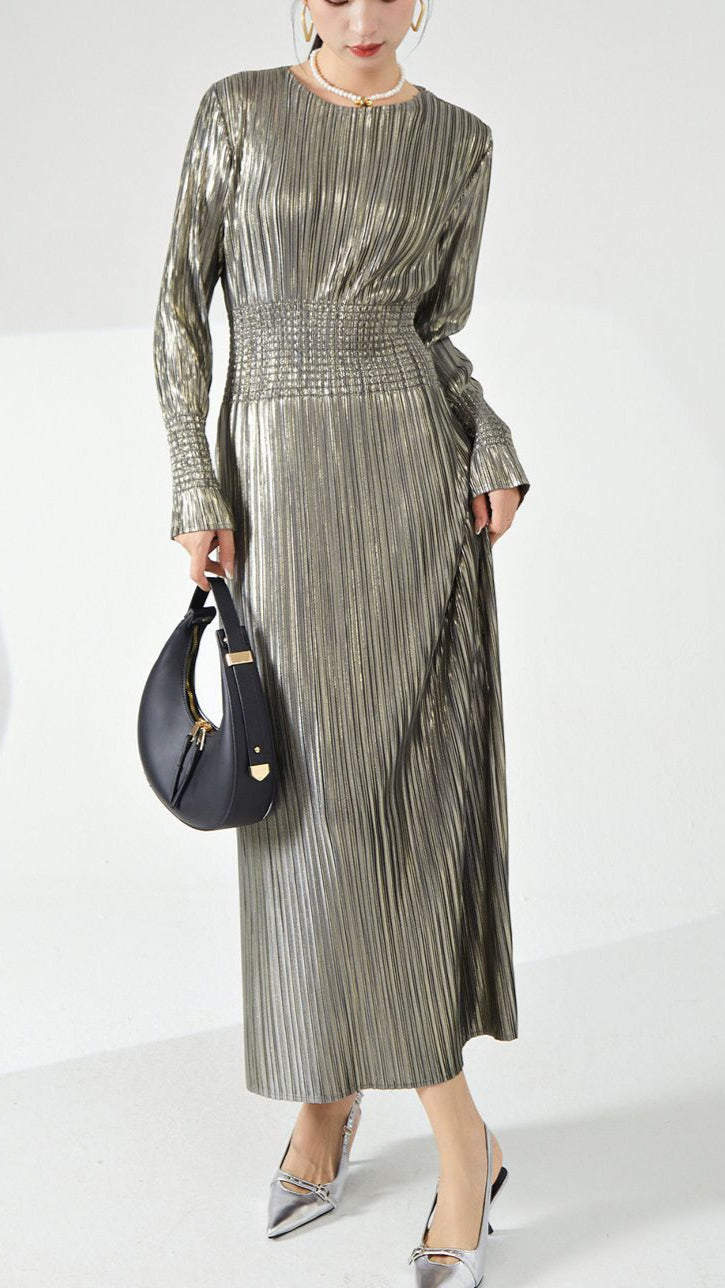 Pleats Please Long-Sleeve Bronzing Dress – Elegant Pleated Autumn Maxi